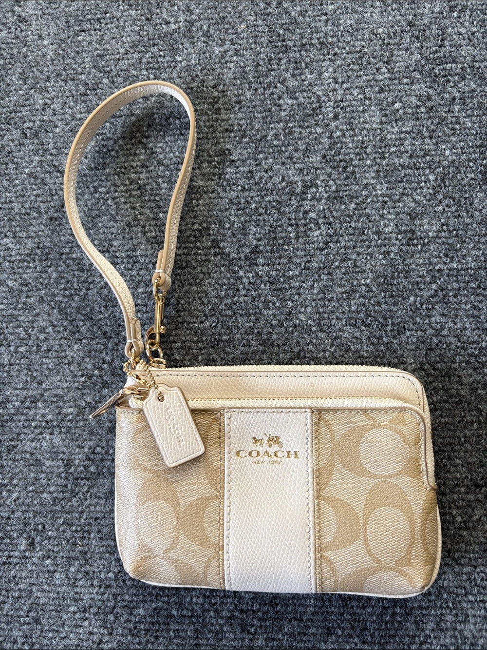 Coach Beige Signature Wristlet with Gold Hardware